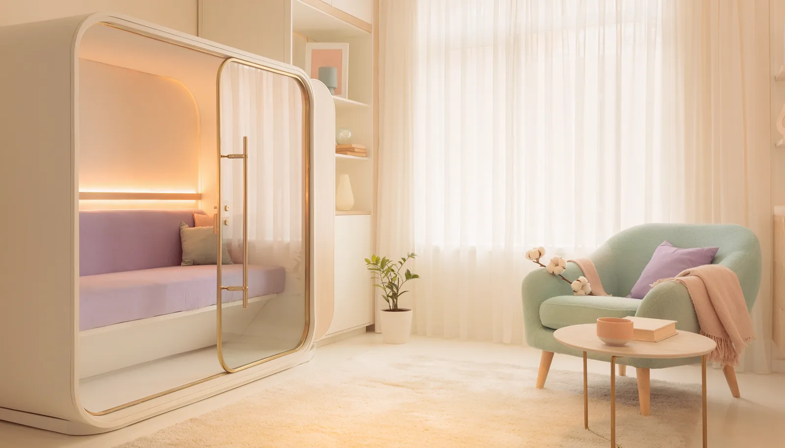 A sunlit reading nook with a soft mint armchair, a small round side table, dried florals and warm sheer curtains inside La Vida Rose